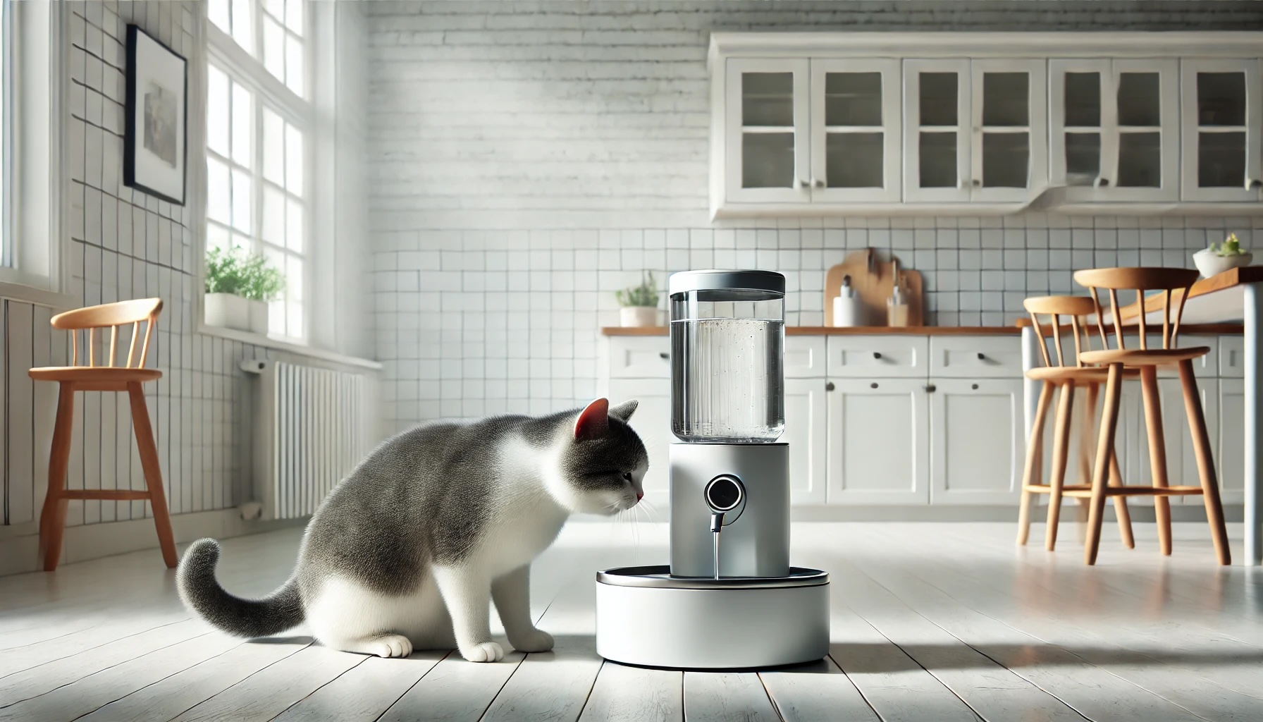 Gato bebiendo agua de una fuente automática para gatos