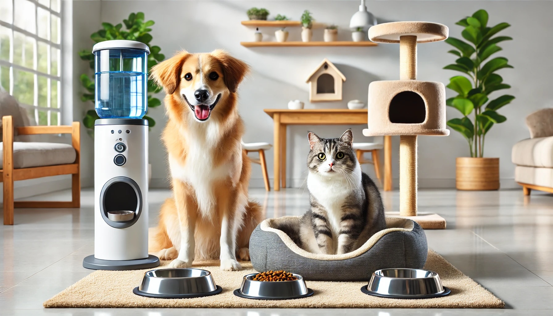 Perro y gato con productos para mascotas como fuente de agua, cama y rascador