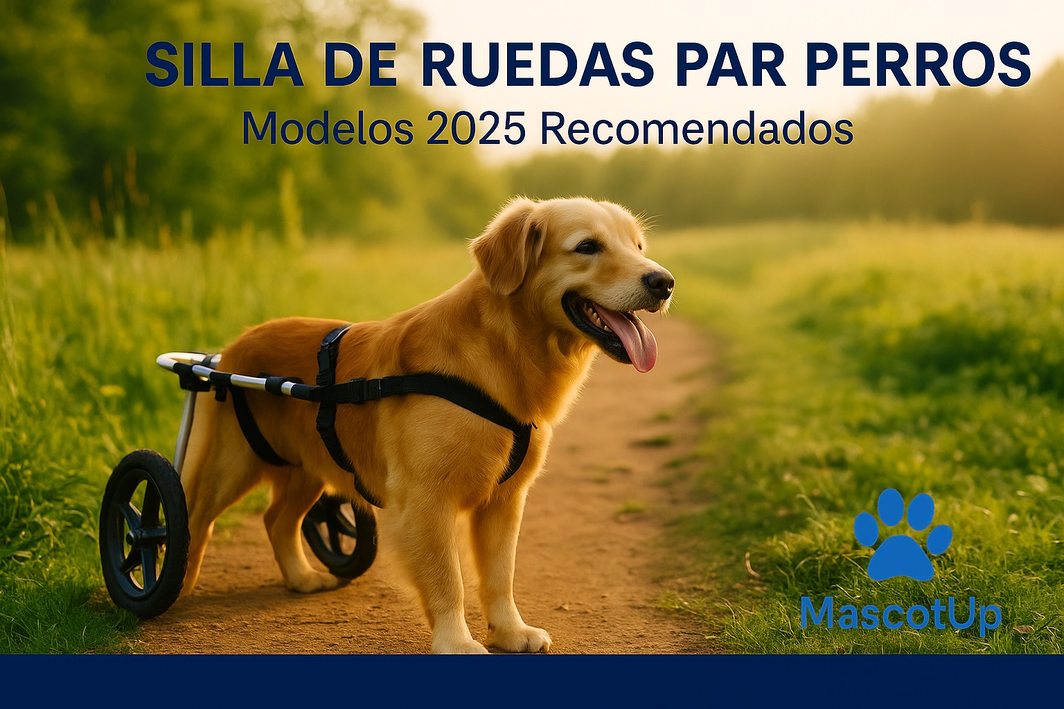 Perro de raza Golden Retriever utilizando una silla de ruedas para movilidad trasera en un camino natural al atardecer. Imagen representativa de comparativa de sillas de ruedas para perros discapacitados.