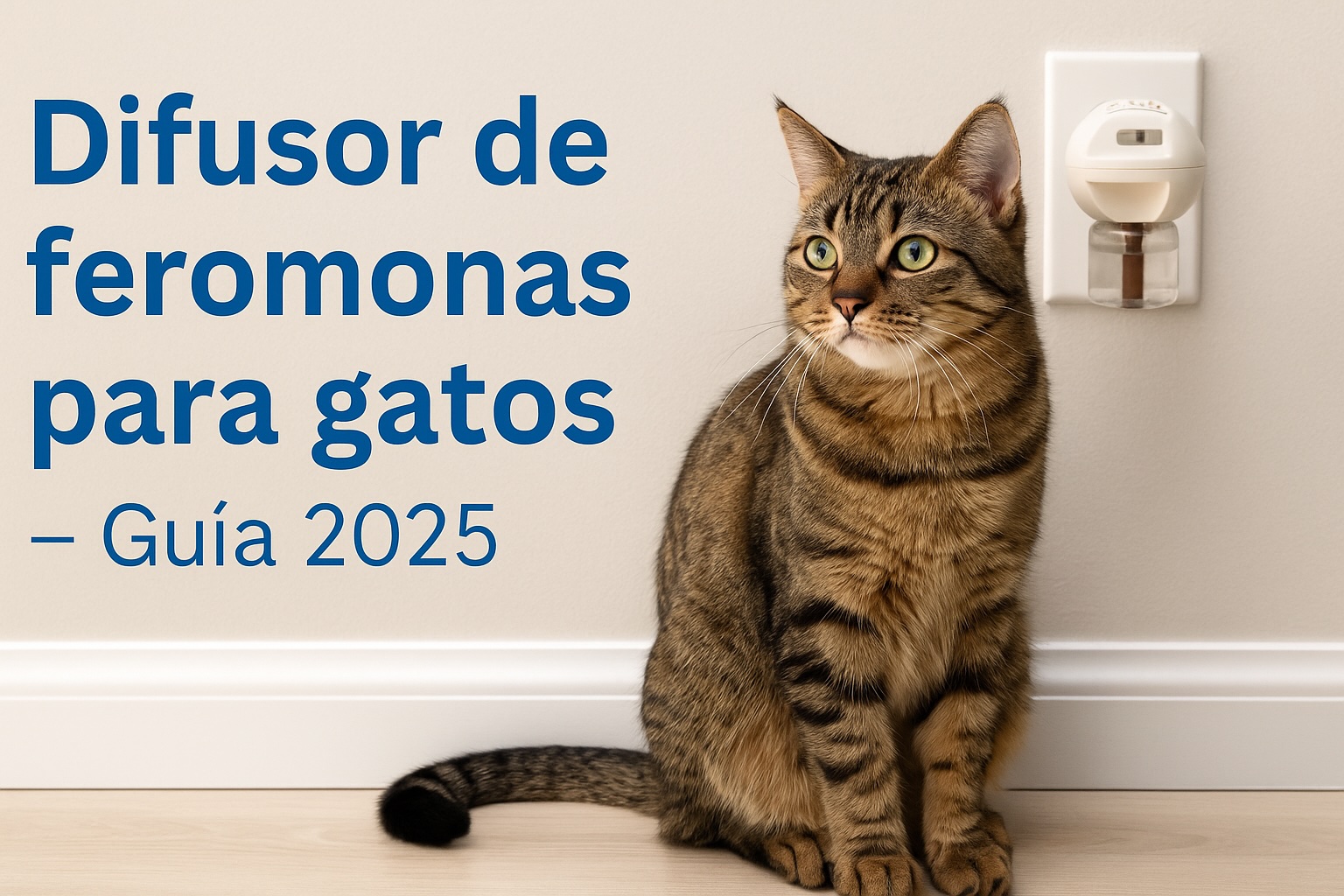 Gato junto a un difusor de feromonas enchufado en la pared