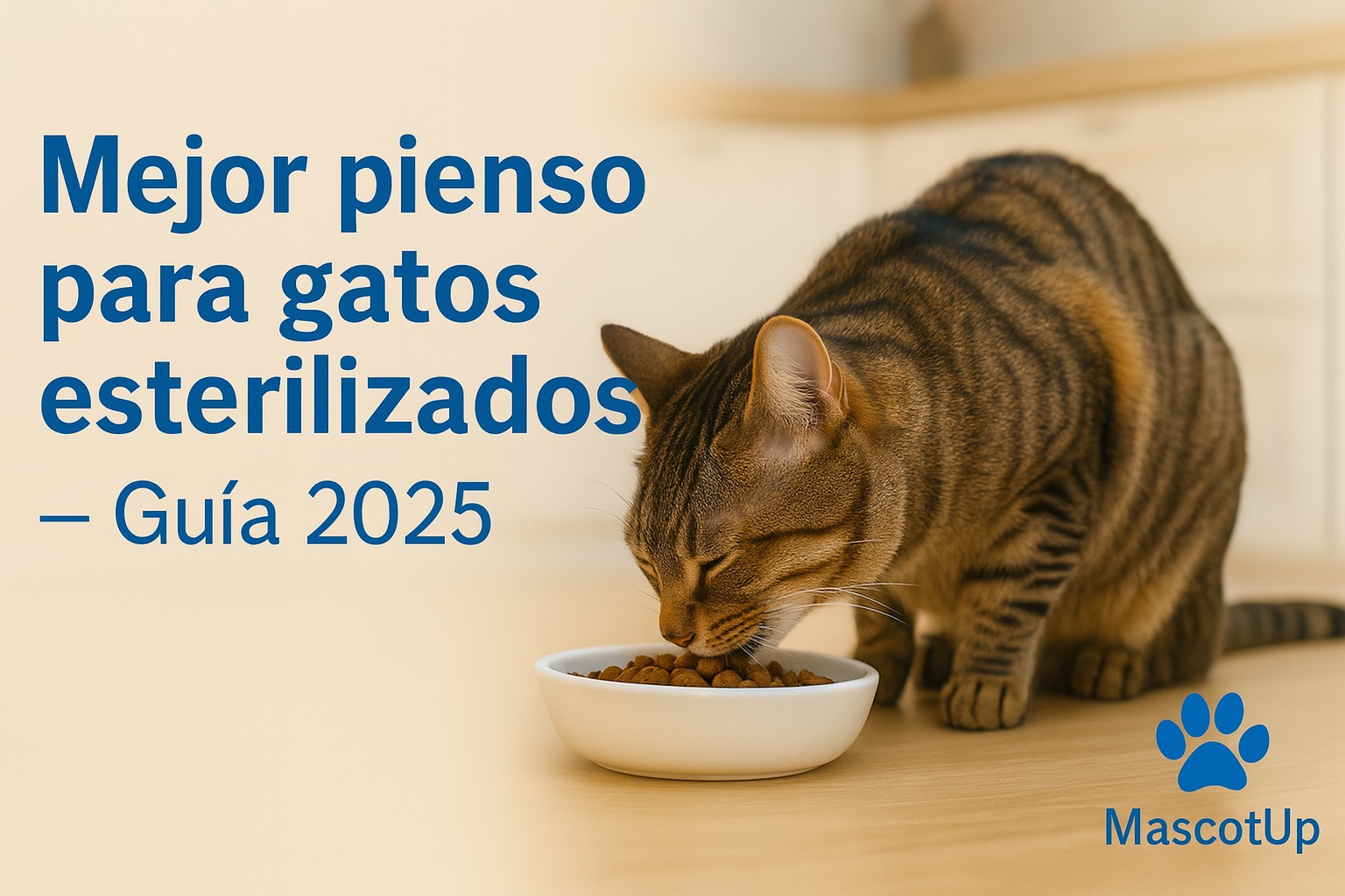 Pienso para gatos esterilizados – Guía 2025 de MascotUp con imagen de gato comiendo
